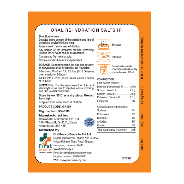 Oral Rehydration Salts IP (WHO Formula) Orange Flavor Sachet 21gm