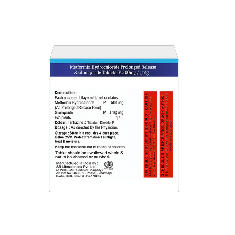 Metformin 500mg Prolonged release & Glimepiride 1mg Tablets IP