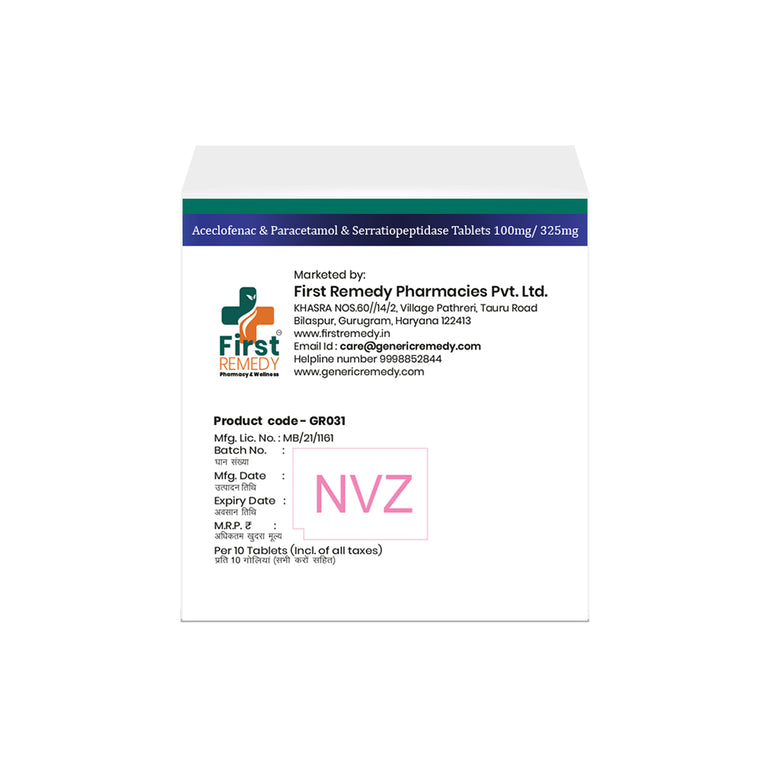 Aceclofenac 100mg, Paracetamol 325mg, Serratiopeptidase 15mg tablets back image