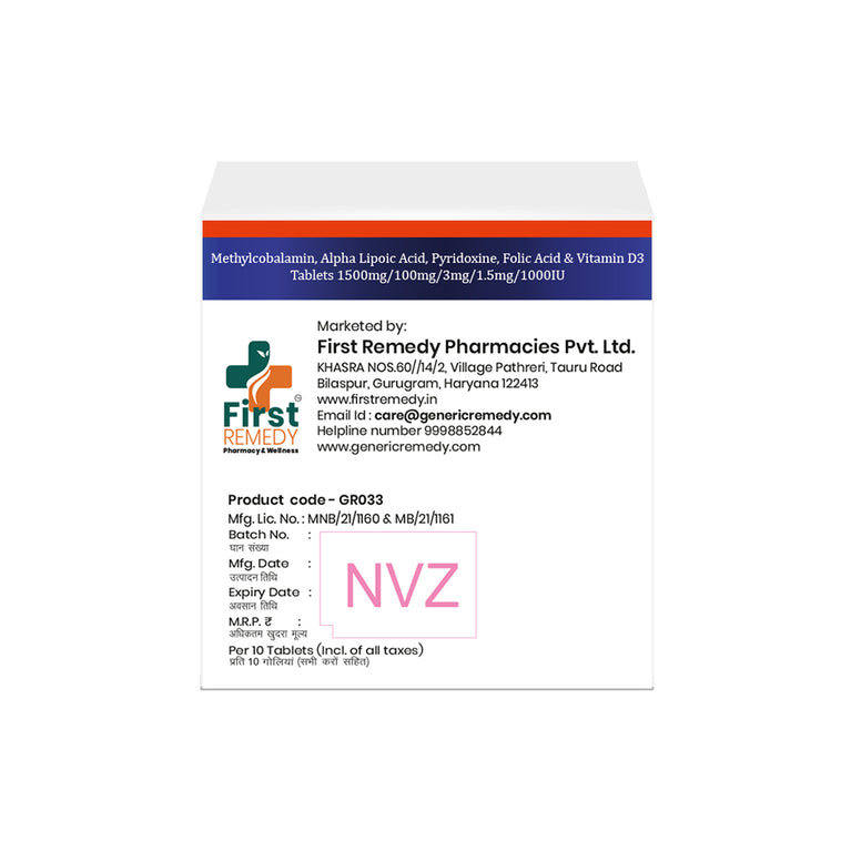 Alpha Lipoic Acid 100mg, Vitamin D3 1000IU, Folic Acid 1.5mg, Pyridoxine 3mg & Methylcobalamin 1500mcg tablets back image