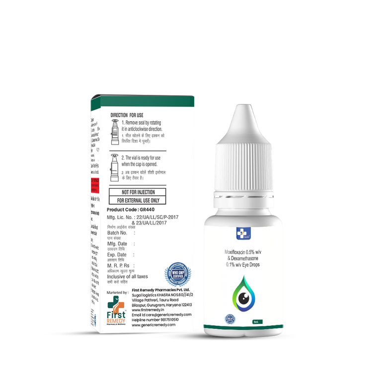 Bottle of Moxifloxacin 0.5% w/v & Dexamethasone 0.1% w/v Eye drops back image