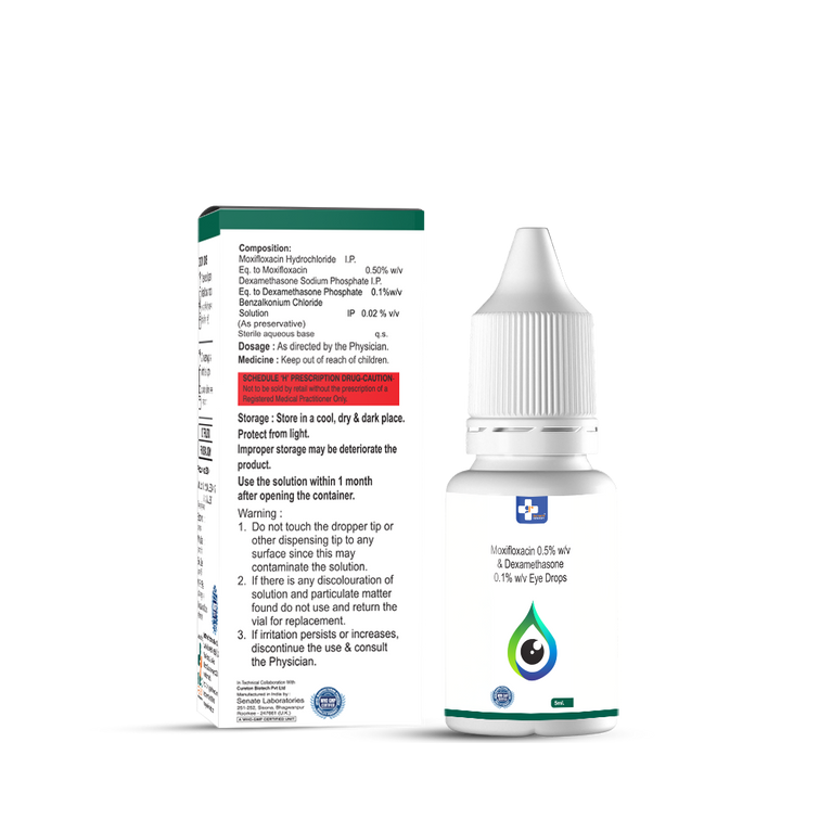 Bottle of Moxifloxacin 0.5% w/v & Dexamethasone 0.1% w/v Eye drops composition image