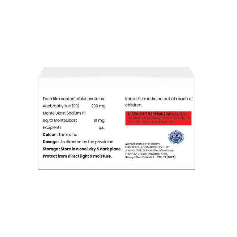 Box of Acebrophylline 200mg Sustained Release & Montelukast 10mg tablets composition image