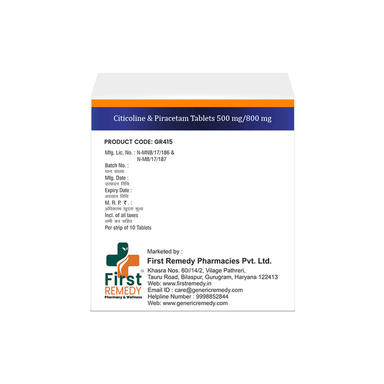 Box of Citicoline 500mg & Piracetam 800mg tablets back image