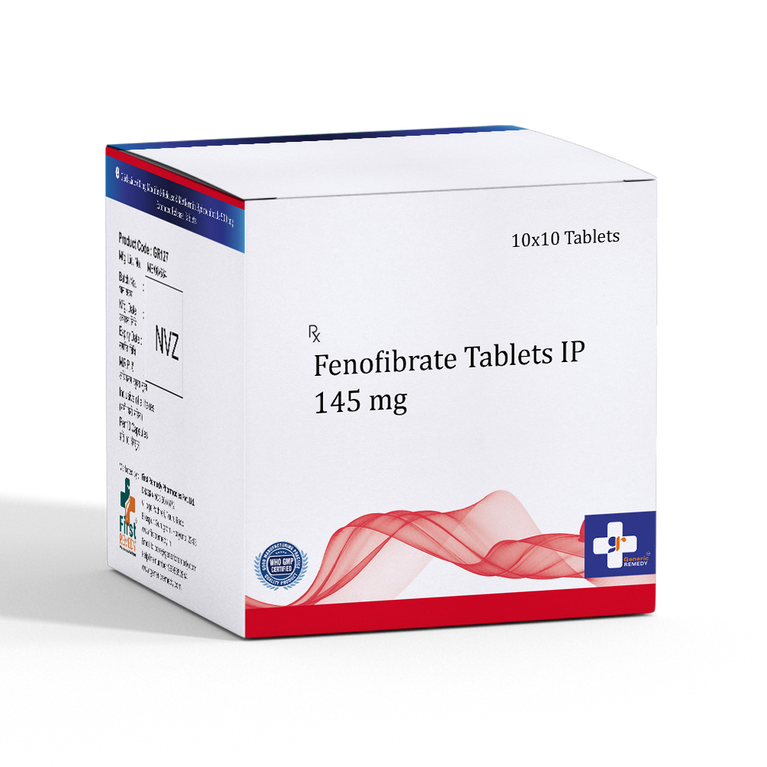 Box of Fenofibrate 145mg tablets front image