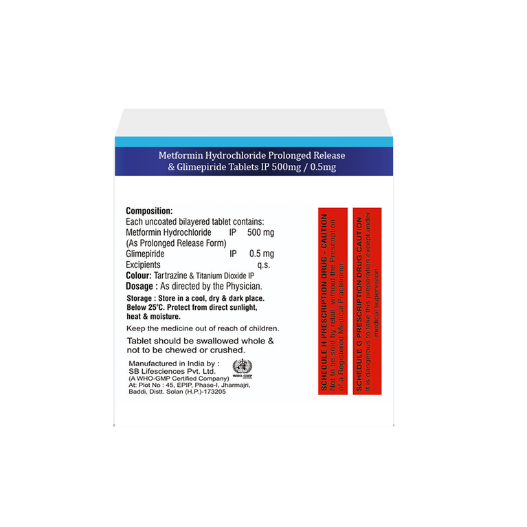 Box of Metformin 500mg Prolonged release Glimepiride 0.5mg tablets composition image