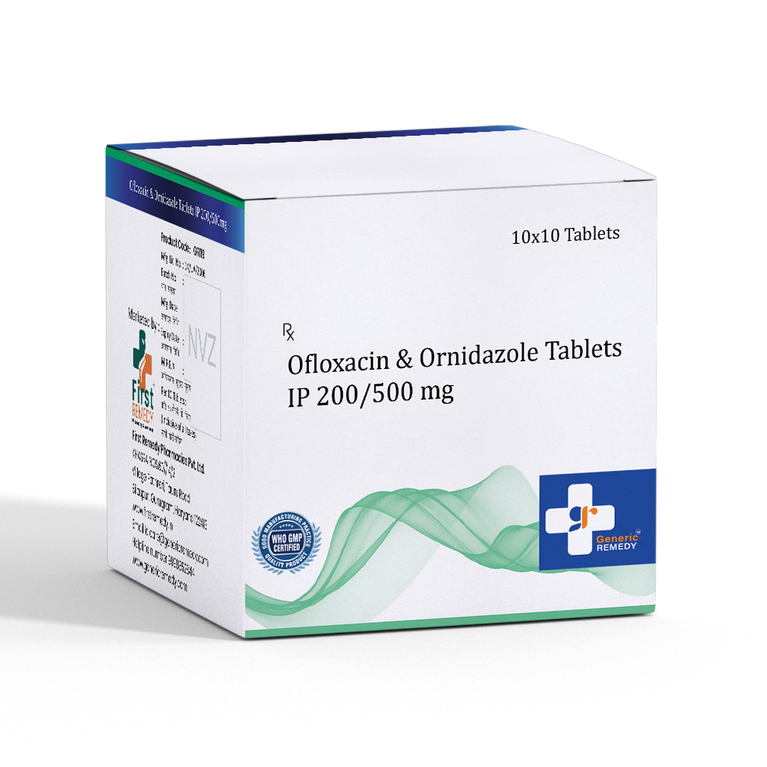 Box of Ofloxacin & Ornidazole tablets 200/500mg front image