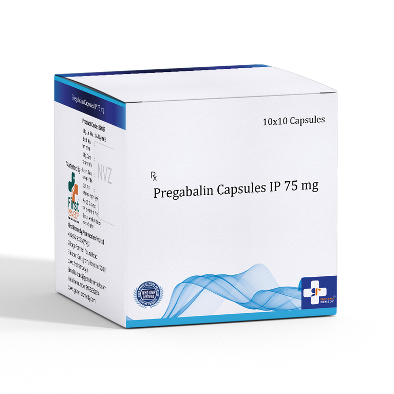 Box of Pregabalin Capsules 75mg front image