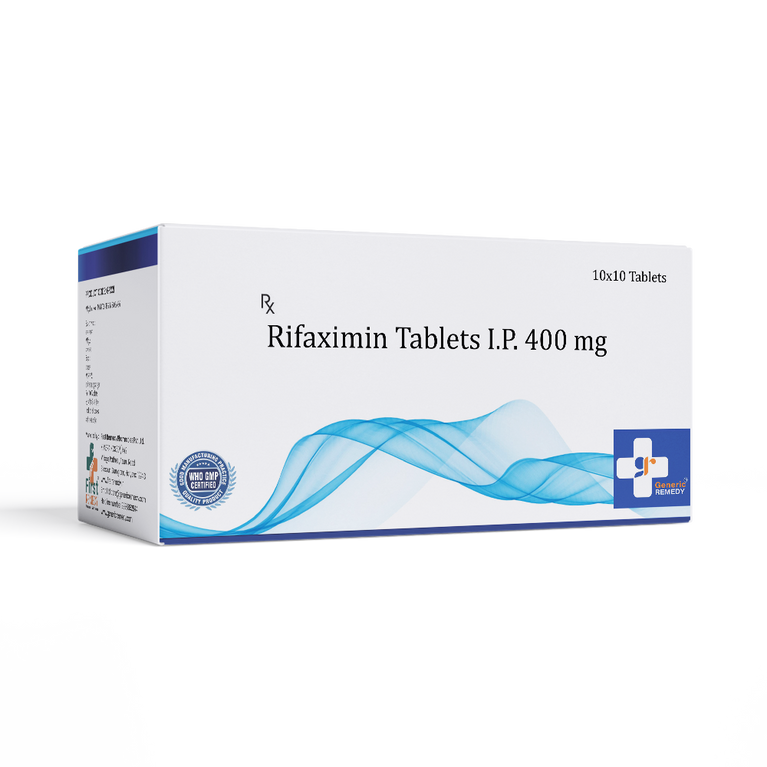 Box of Rifaximin tablets 400mg front image