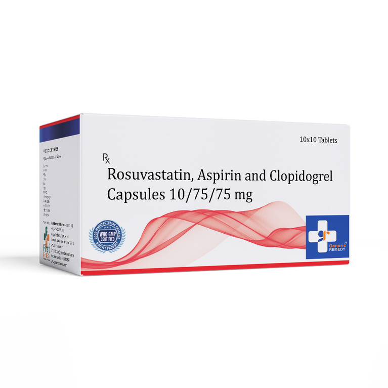 Box of Rosuvastatin, Aspirin & Clopidogrel capsules 10/75/75mg front image
