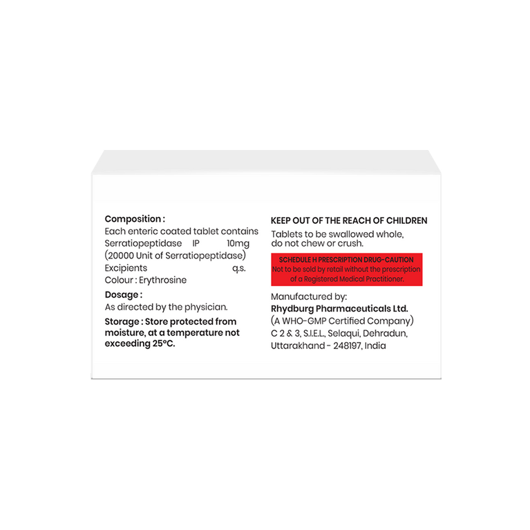 Box of Serratiopeptidase tablets 10mg composition image
