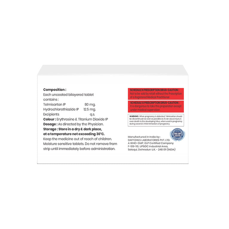 Box of Telmisartan 80mg & Hydrochlorothiazide 12.5mg tablets composition image