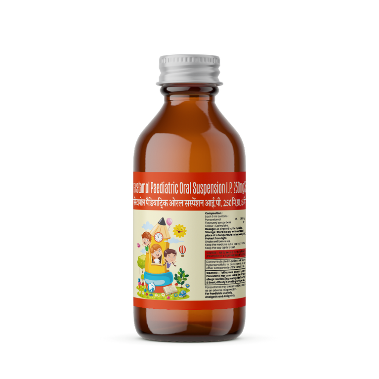 Brown bottle of Paracetamol with a colorful label on the front side