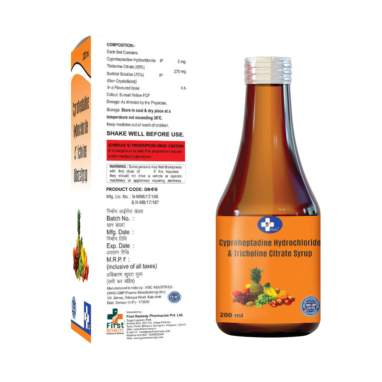 Cyproheptadine 2mg, Tricholine Citrate 275mg & Sorbitol 2gm per 5ml IP 200ml