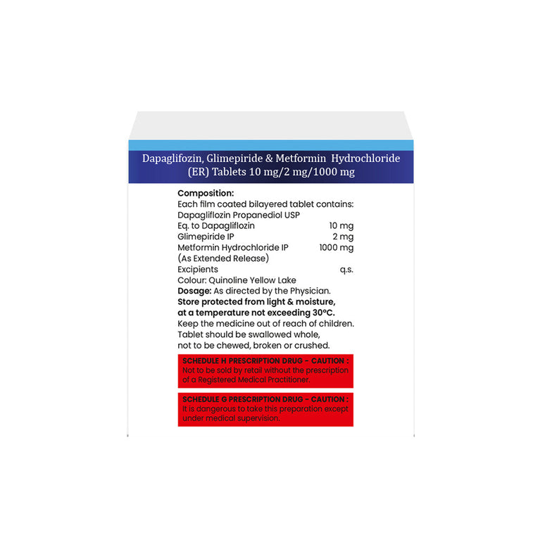 Dapagliflozin 10 mg, Glimepiride 2mg & Metformin 1000mg ER Tablet IP