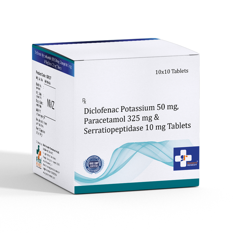 Box of Diclofenac 50mg, Paracetamol 325mg & Serratiopeptidase 10mg tablets front image