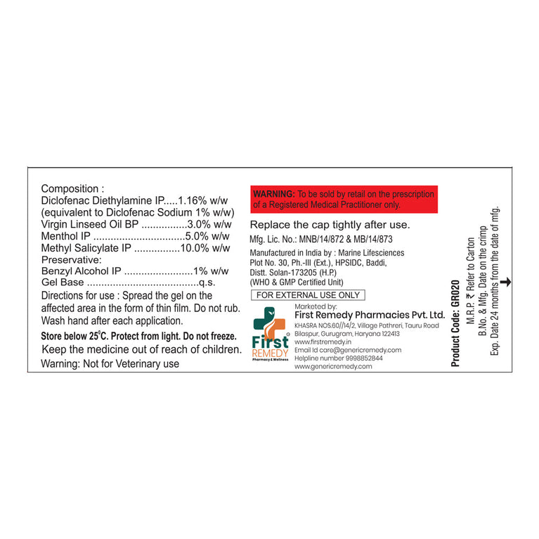Diclofenac, Linseed Oil, Methyl Salicylate & Menthol Gel 30gm