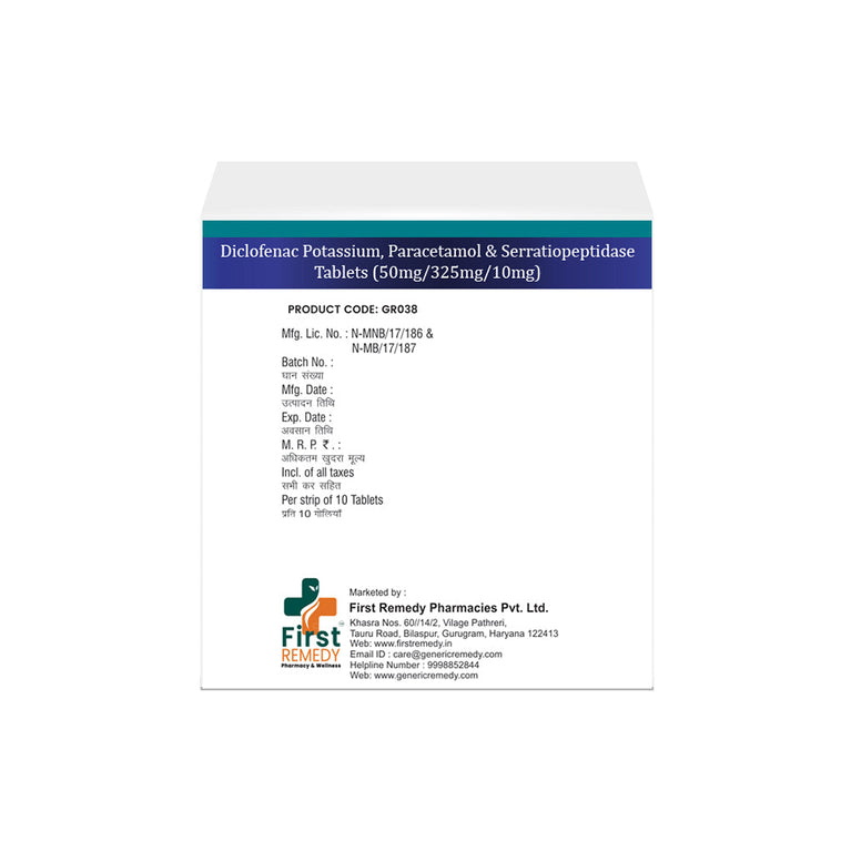 Diclofenac Potassium 50mg, Paracetamol 325mg & Serratiopeptidase 10mg Tablet IP