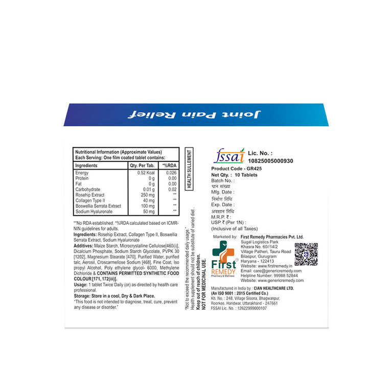 Box of Joint Pain Relief tablet back image