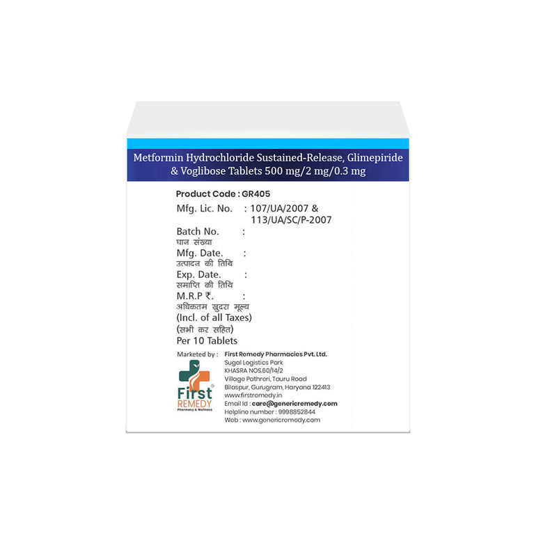 Metformin Hydrochloride 500mg (Sustained Release), Voglibose 0.3mg & Glimepiride 2mg Tablets IP
