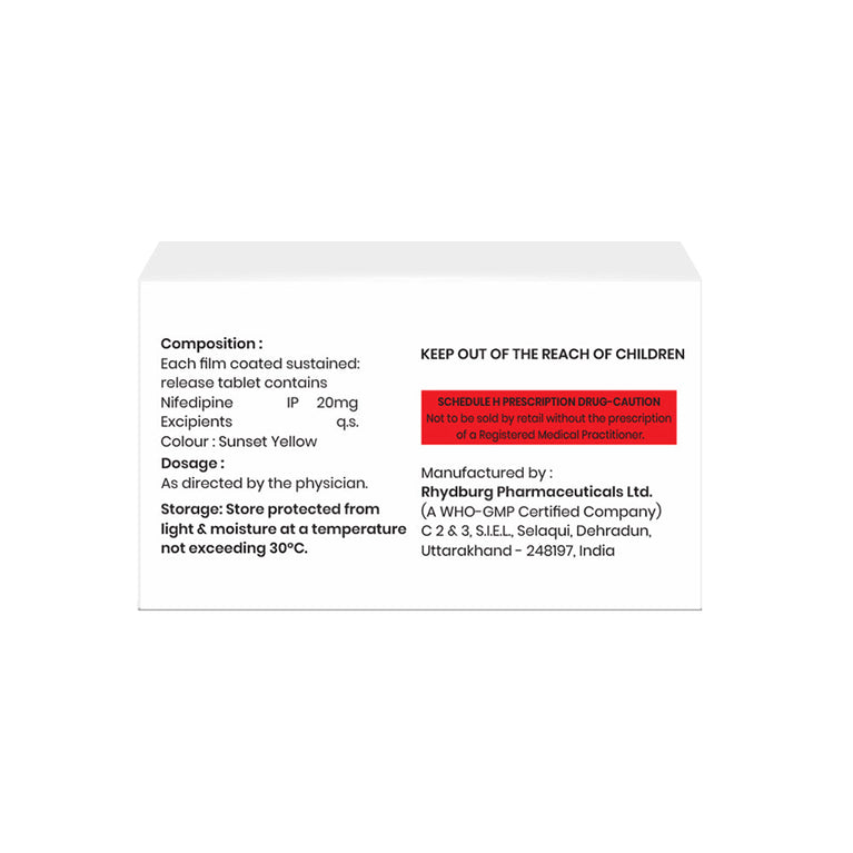 Box of Nifedipine Sustain Release tablets 20mg composition image