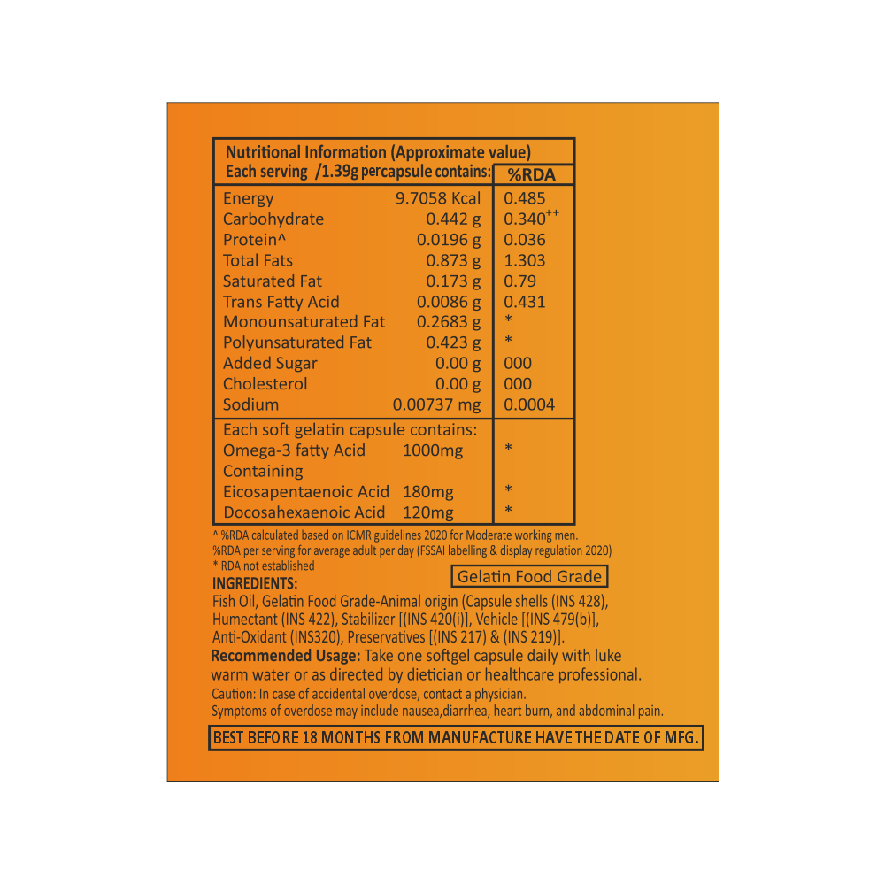 Omega 3 Nutritional information label on an orange background