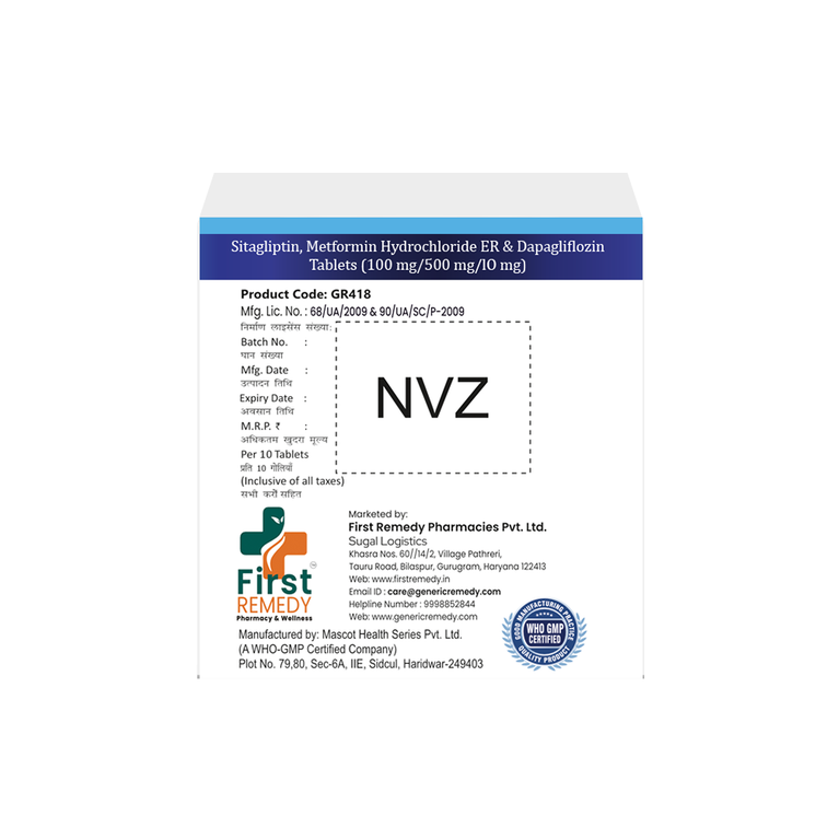 Sitagliptin 100mg, Dapagliflozin 10mg & Metformin 500mg Tablets IP