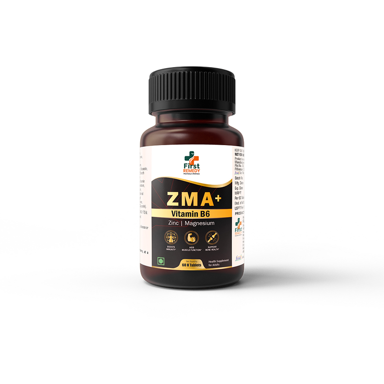 A bottle of First Choice ZMA+ Vitamin B6 dietary supplement, featuring a dark amber brown bottle with a black ribbed cap and a white label with black and gold text.