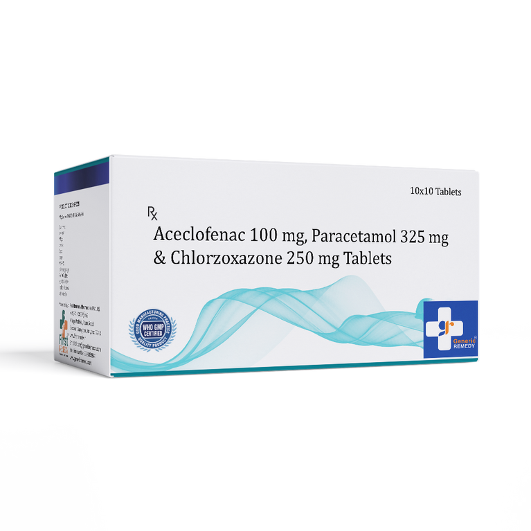 Box of Aceclofenac 100mg, Paracetamol 325mg & Chlorzoxazone 250mg tablets front image