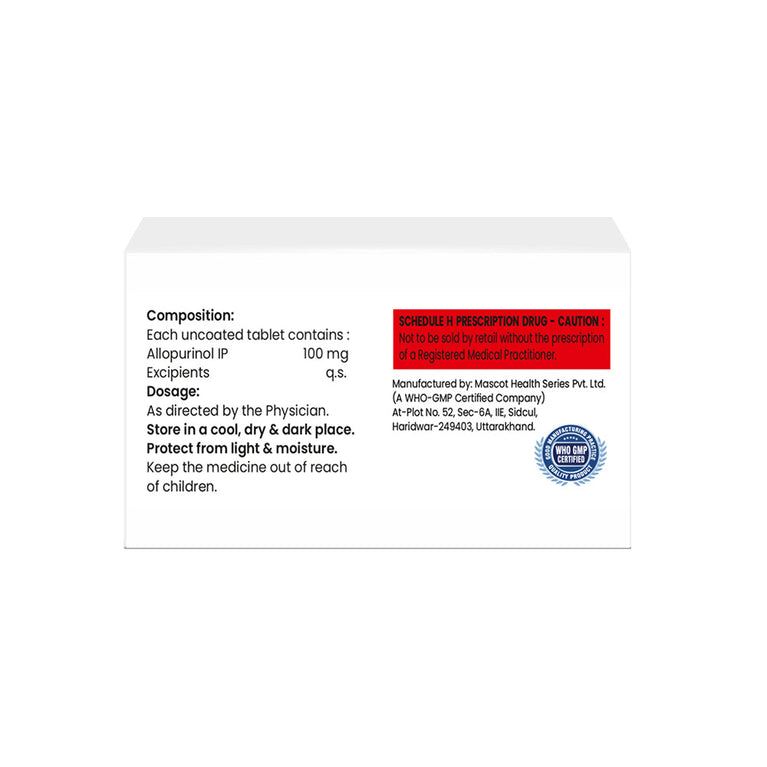 Box of Allopurinol tablets 100mg composition image