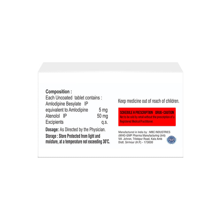 Box of Amlodipine & Atenolol tablets 5mg/50mg composition image