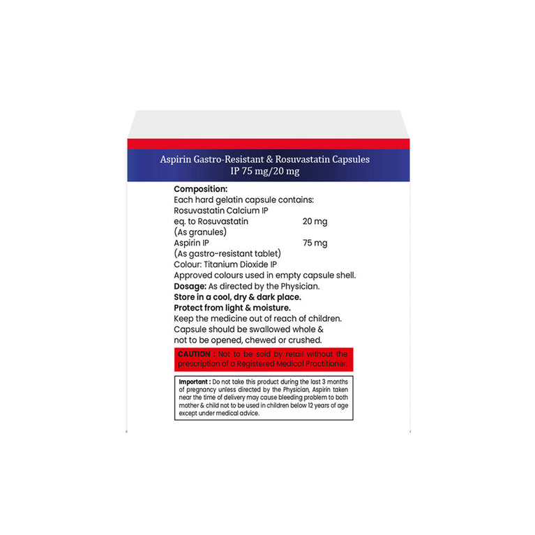 Box of Aspirin & Rosuvastatin capsules 75mg/20mg composition image