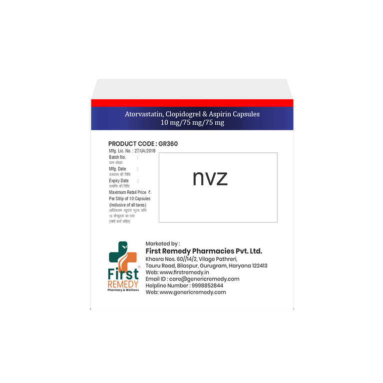 Box of Atorvastatin 10mg, Aspirin 75mg & Clopidogrel 75mg capsule back image