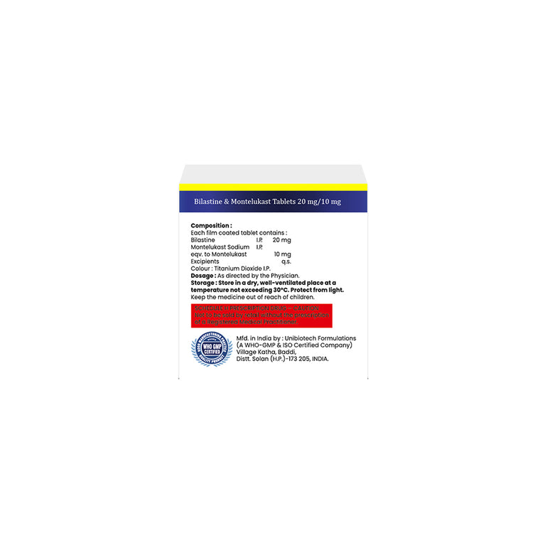 Box of Bilastine & Montelukast 20mg/10mg tablets composition image
