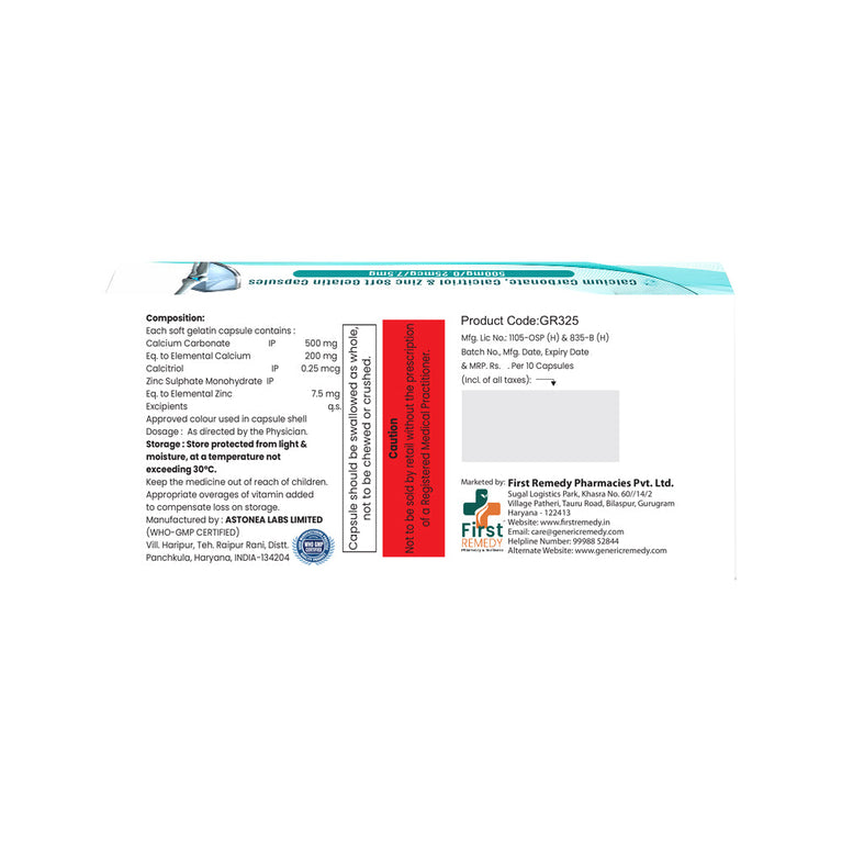 Box of Calcium 500mg, Calcitriol 0.25mcg, Zinc 7.5mg capsules composition image