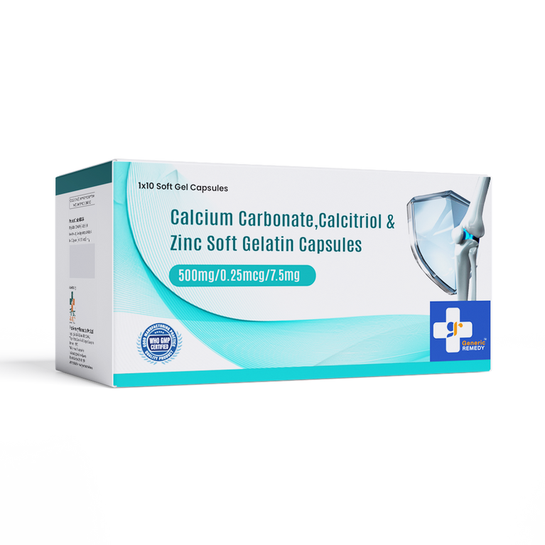 Box of Calcium Carbonate, Calcitriol & Zinc Soft Gelatin capsules front image