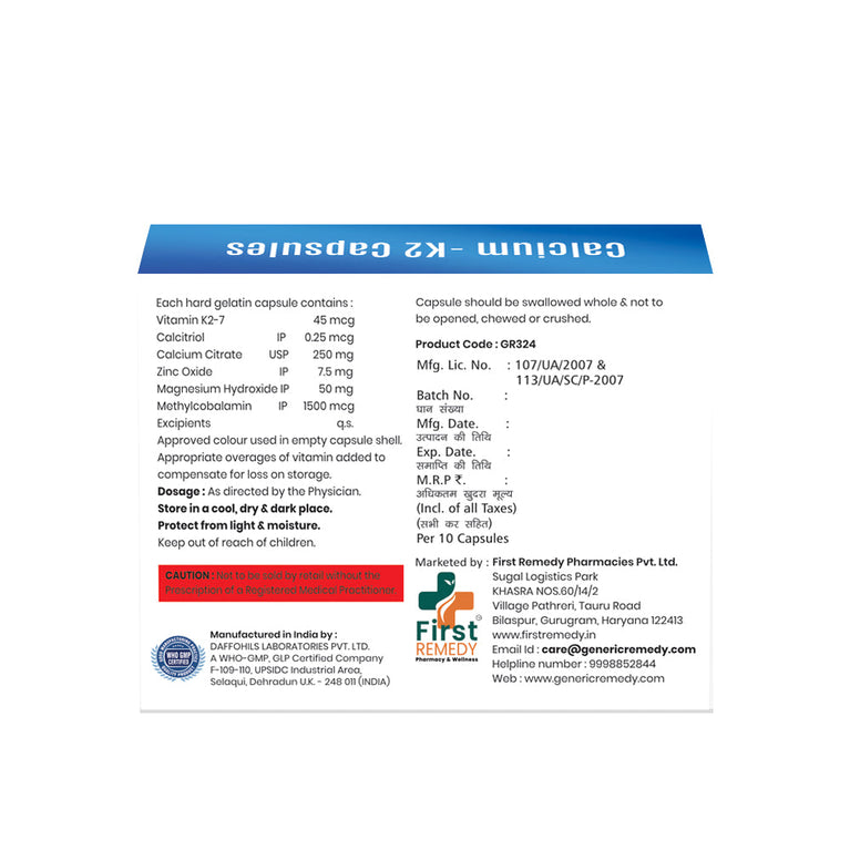 Calcium Citrate Malate 250mg, Calcitriol 0.25mcg, Vitamin K2-7 45mcg Zinc Oxide 7.5mg, Magnesium Hydroxide 50mg & Methylcobalamine 1500mcg Capsules