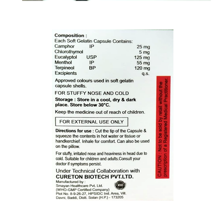 Box of Camphor, Chlorothymol, Eucalyptol, Menthol with Terpineol Softgel Capsules composition image