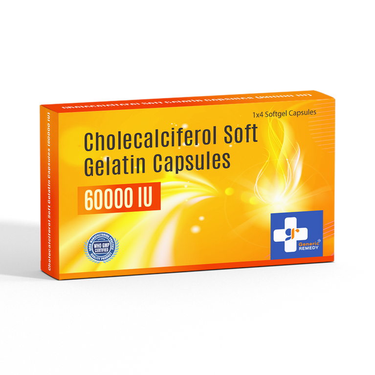 Box of Cholecalciferol Soft Gelatin capsules 60,000IU front image