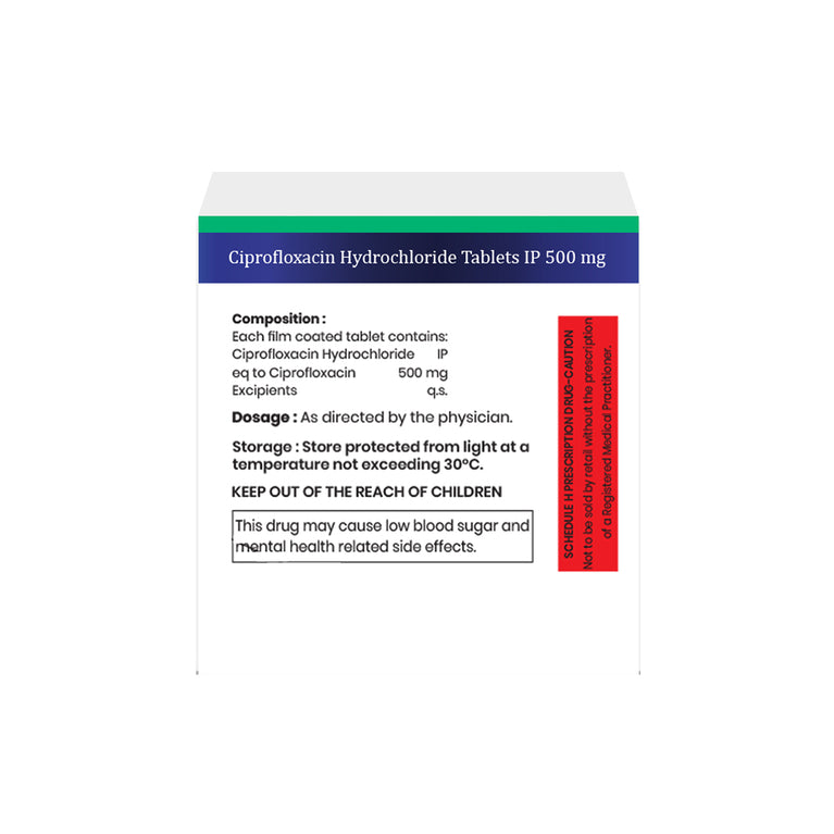 Box of Ciprofloxacin tablets 500mg composition image