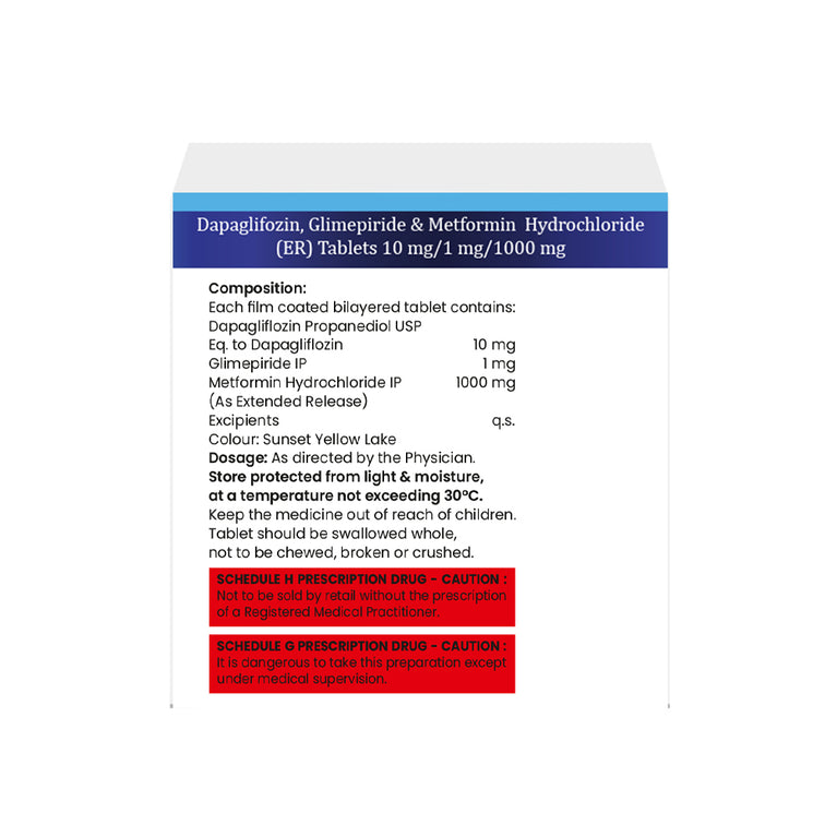 Box of Dapagliflozin, Glimepiride & Metformin ER tablets 10mg/1mg/1000mg composition image