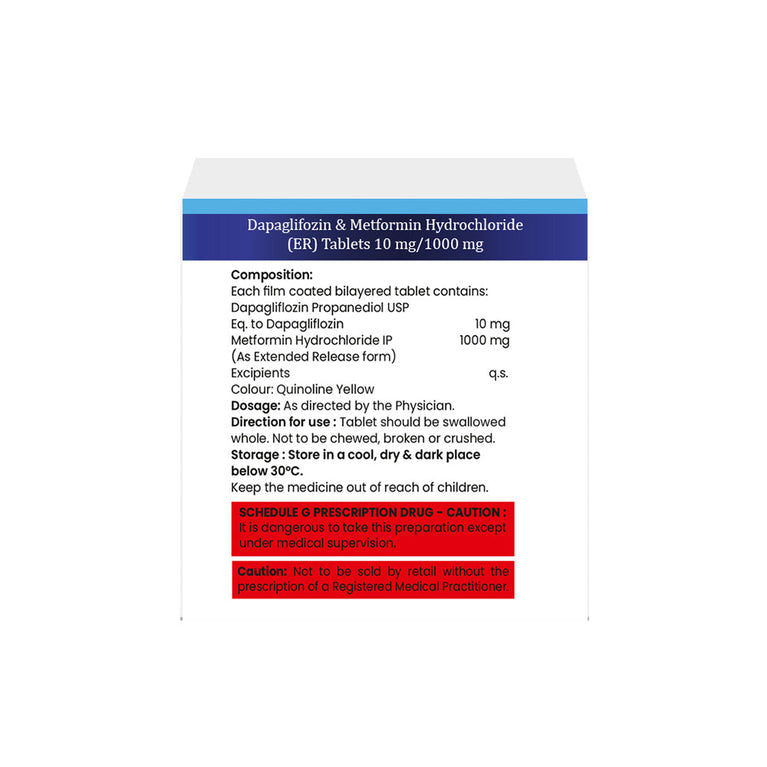 Box of Dapagliflozin & Metformin ER tablets 10mg/1000mg composition image