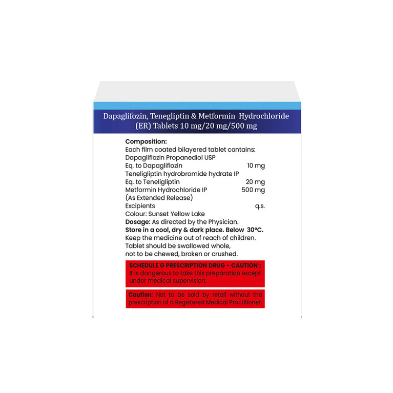 Box of Dapagliflozin, Teneligliptin & Metformin ER tablets 10mg/20mg/500mg composition image