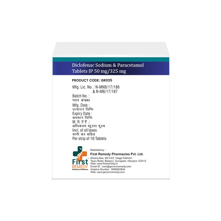 Box of Diclofenac & Paracetamol tablets 50mg/325mg back image