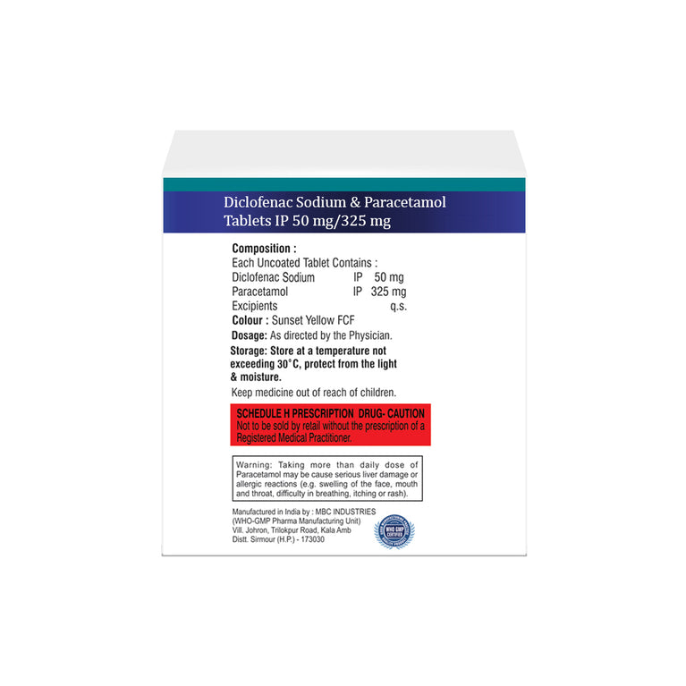 Box of Diclofenac & Paracetamol tablets 50mg/325mg composition image