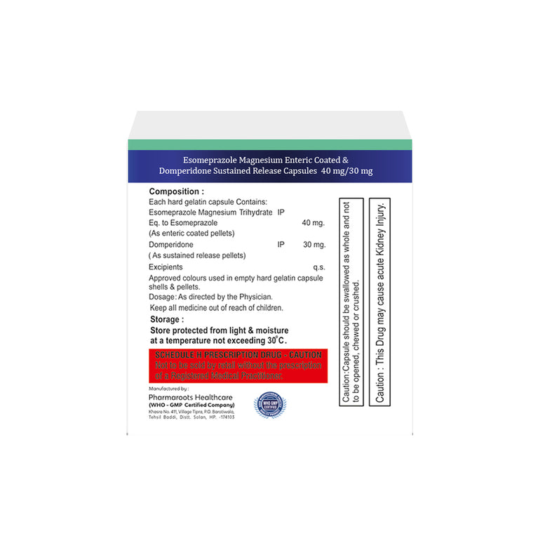 Box of Esomeprazole & Domperidone SR capsules 40mg/30mg composition image