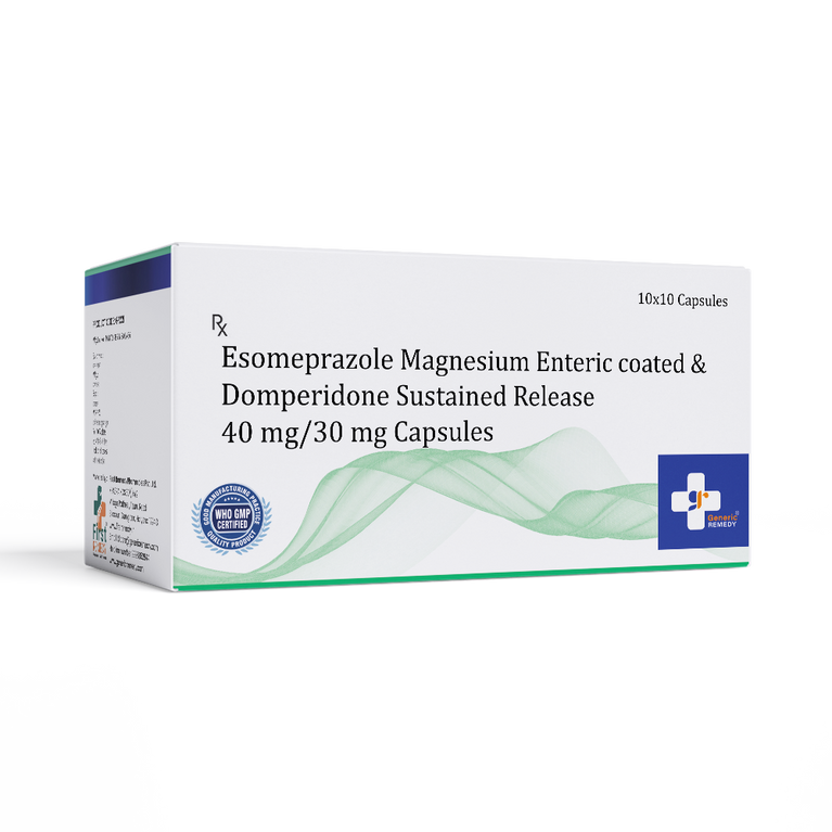 Box of Esomeprazole Magnesium Enteric Coated & Domperidone Sustained Release capsules 40mg/30mg front image