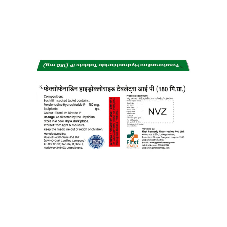 Box of Fexofenadine tablets 180mg back image