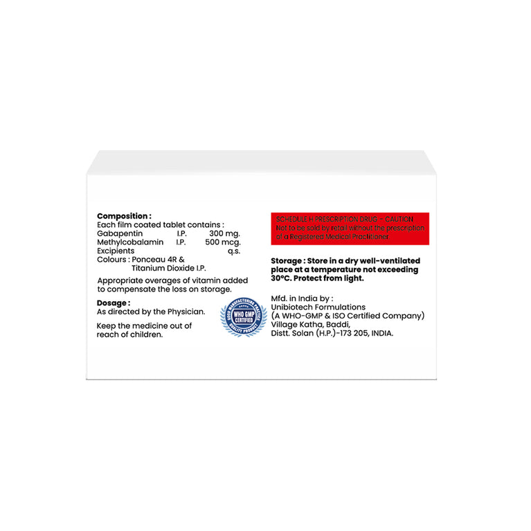 Box of Gabapentin 300mg & Methylcobalamin 500mcg tablet composition image