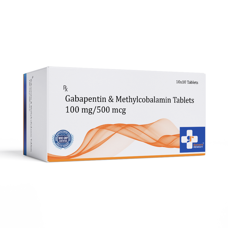 Box of Gabapentin & Methylcobalamin tablets 100mg/500mcg front image